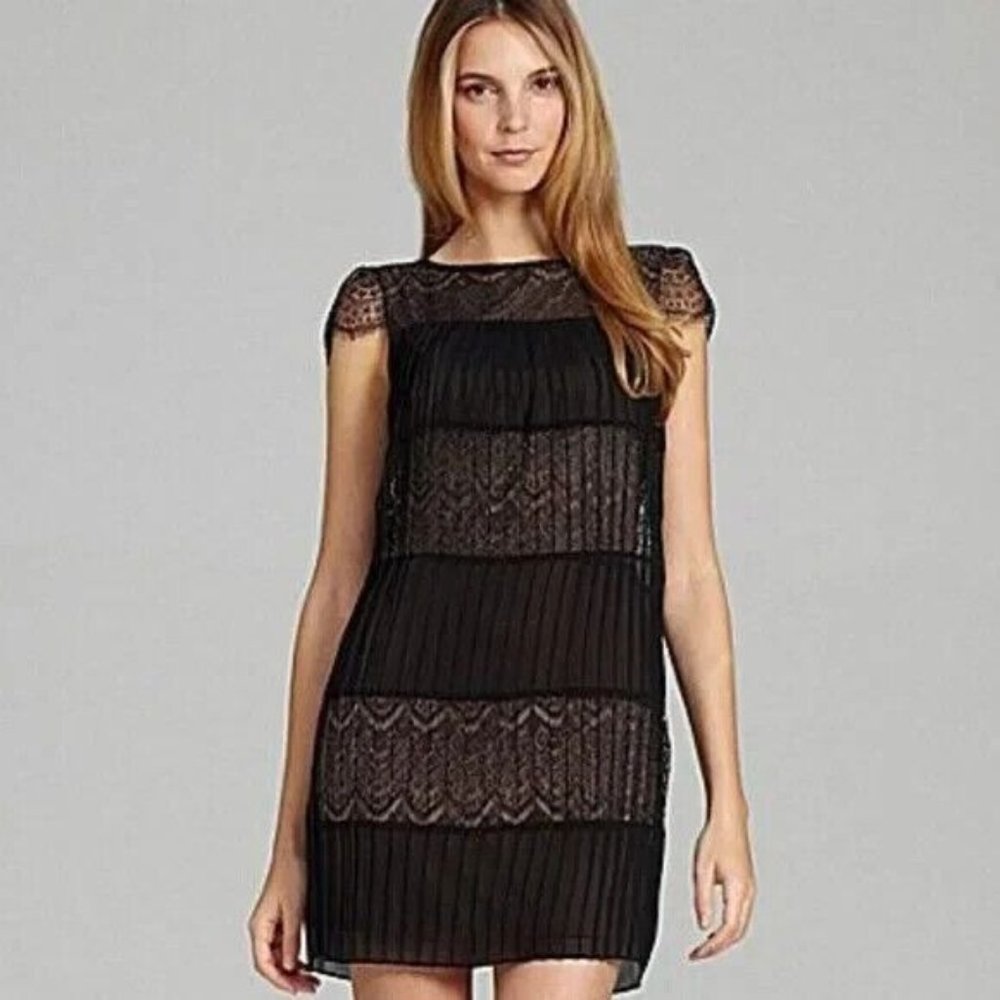 Max and Cleo Sabrina Lace Cutout Dress sz L Black Pleated Cap Sleeves Boatneck - Picture 1 of 10
